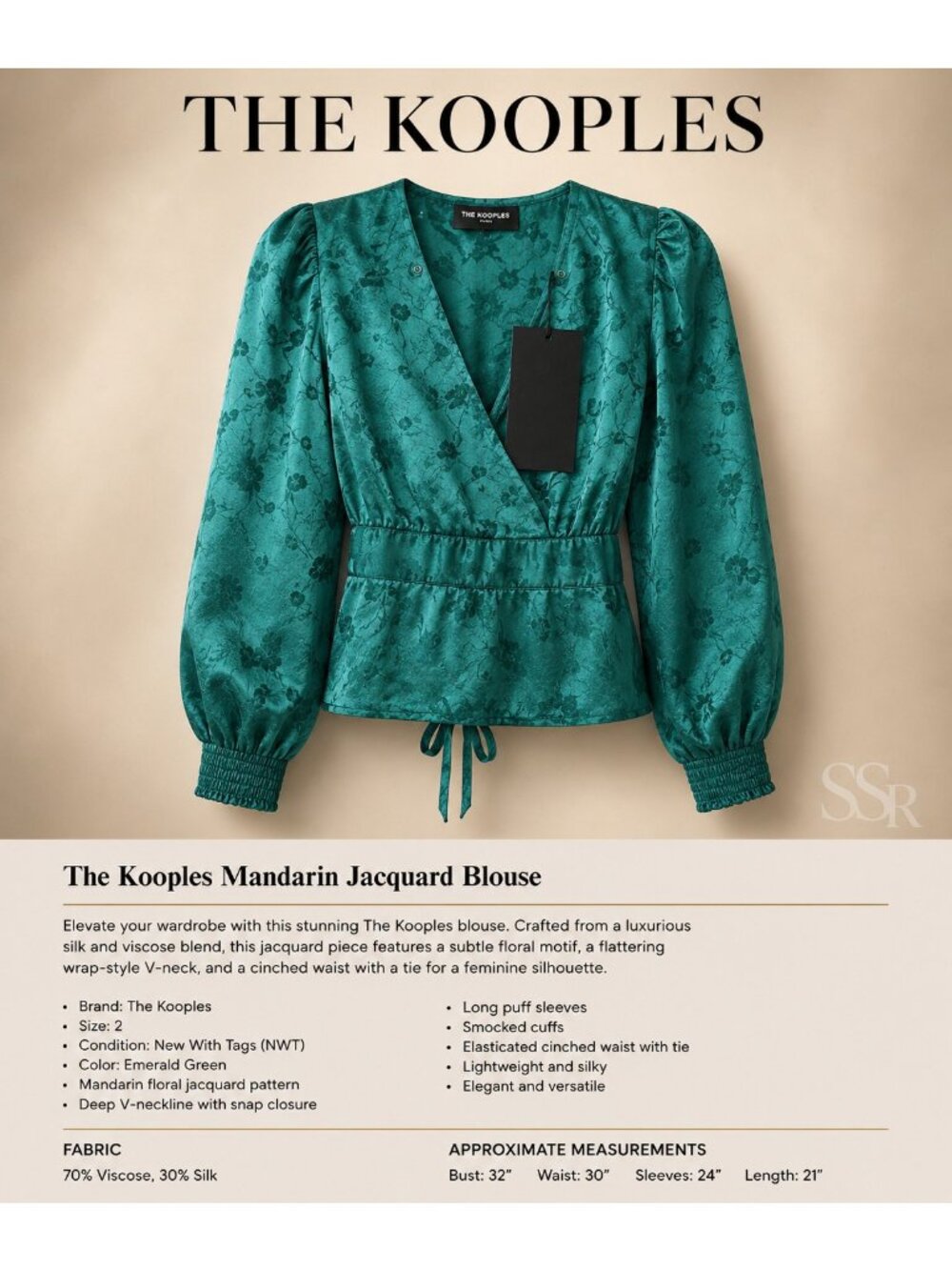 NWT The Kooples Mandarine Jacquard Green Silk Blend Blouse NWT Size 2 Designer - Picture 3 of 9